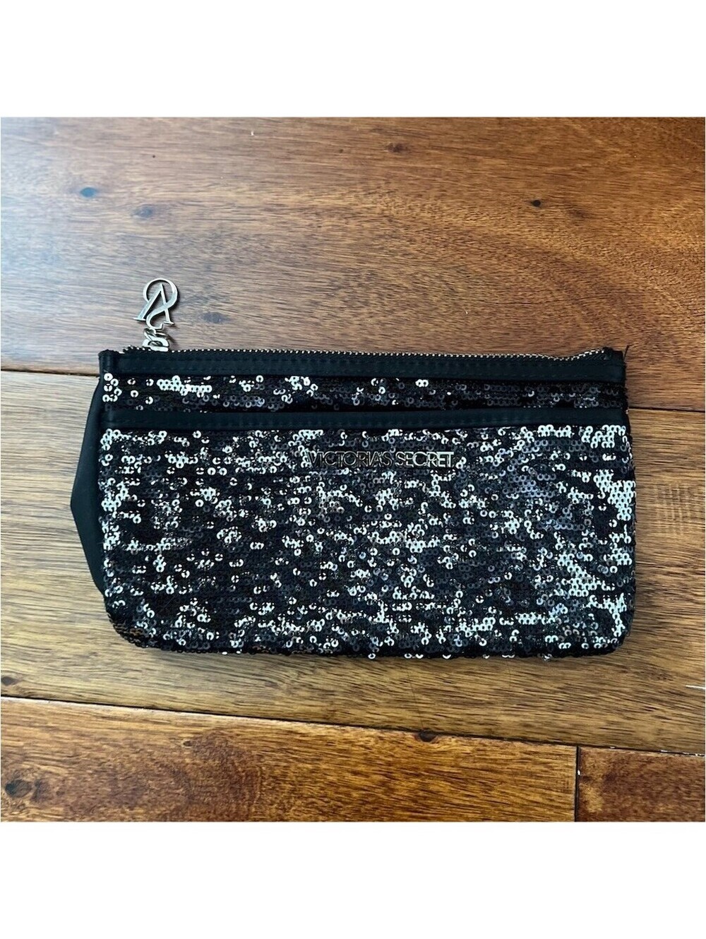 Victoria's Secret Black Silver Sequin Zipper Pouch Clutch Bag VS Logo Charm